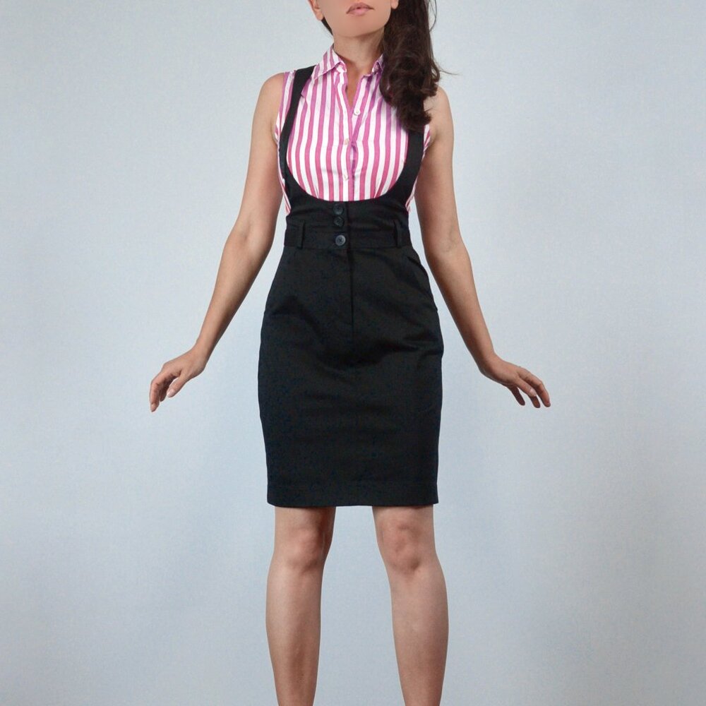 H&M Fitted Pencil Skirt with Suspenders, Classic Black Pinafore, sz XS